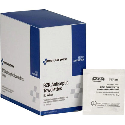 Box of First Aid Only BZK Antiseptic Towelettes with a single wipe showing the brand label.

