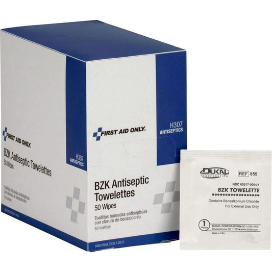 Box of First Aid Only BZK Antiseptic Towelettes with a single wipe showing the brand label.

