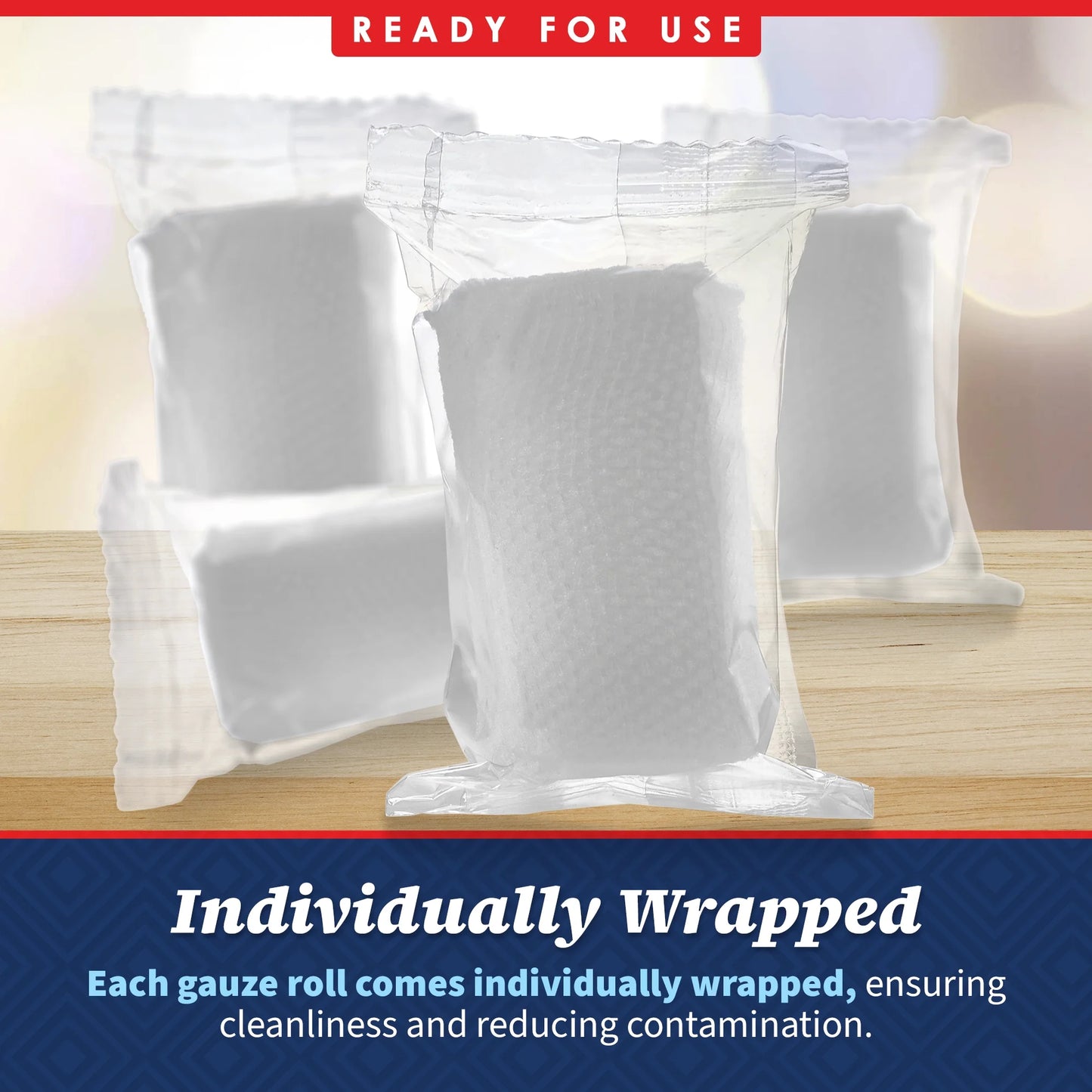Individually wrapped gauze rolls on a wooden surface with text indicating readiness for use.