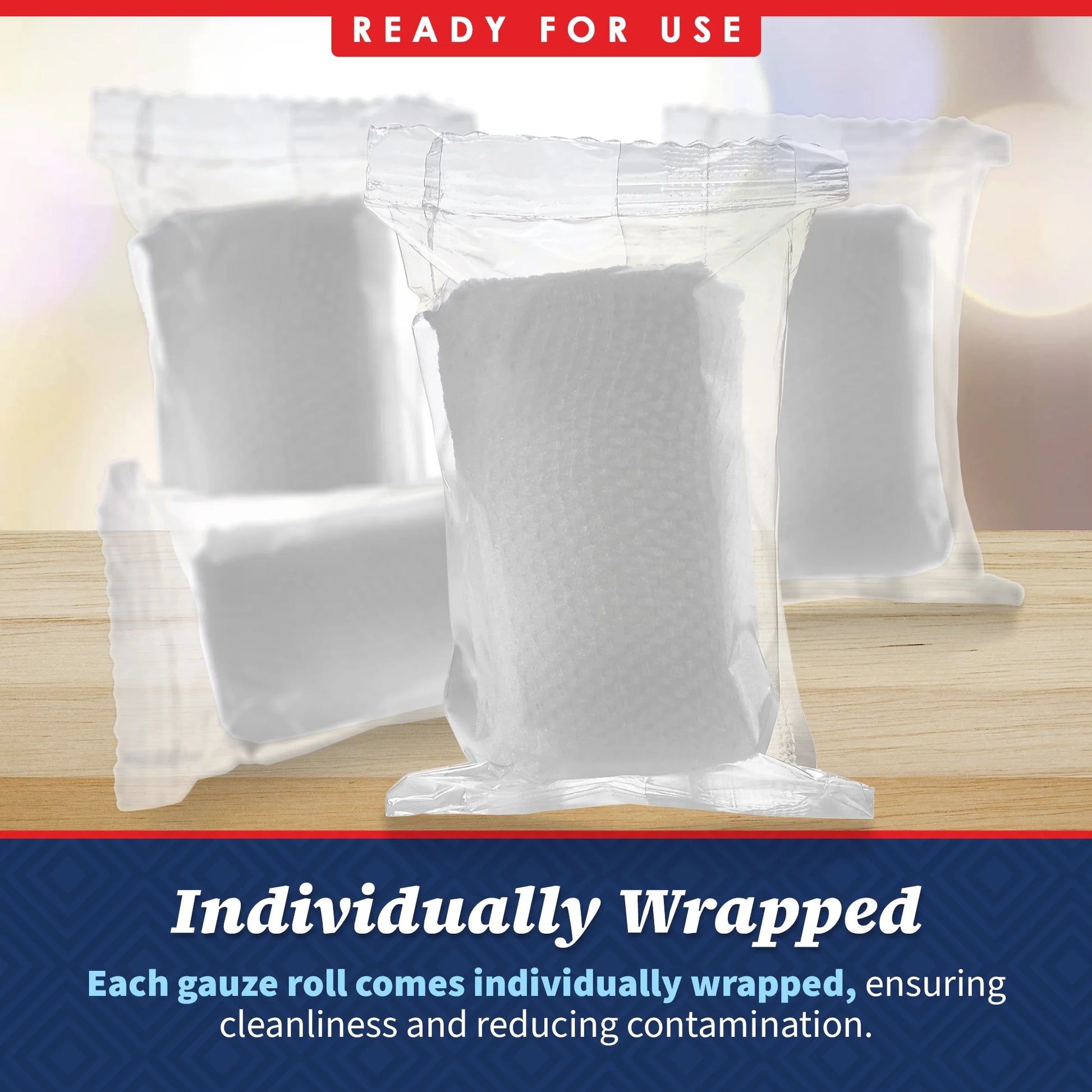 Individually wrapped gauze rolls on a wooden surface with text indicating readiness for use.