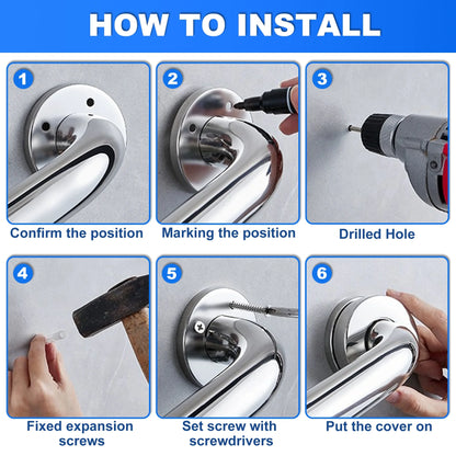 Step-by-step guide on how to install a door handle with tools and hardware.

