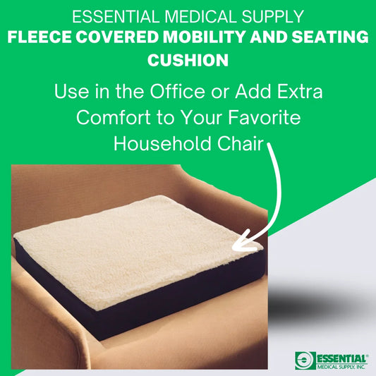 Advertisement for a fleece-covered mobility and seating cushion on a chair with green background and 'Essential Medical Supply' branding.

