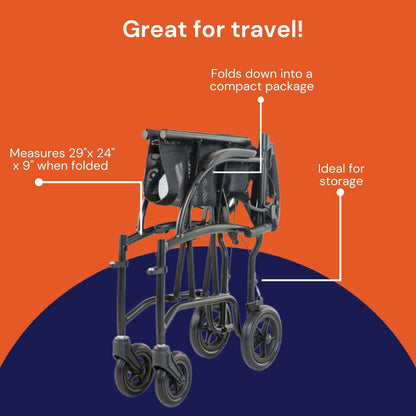 Compact rolling cart with text highlighting its features on an orange and blue background
