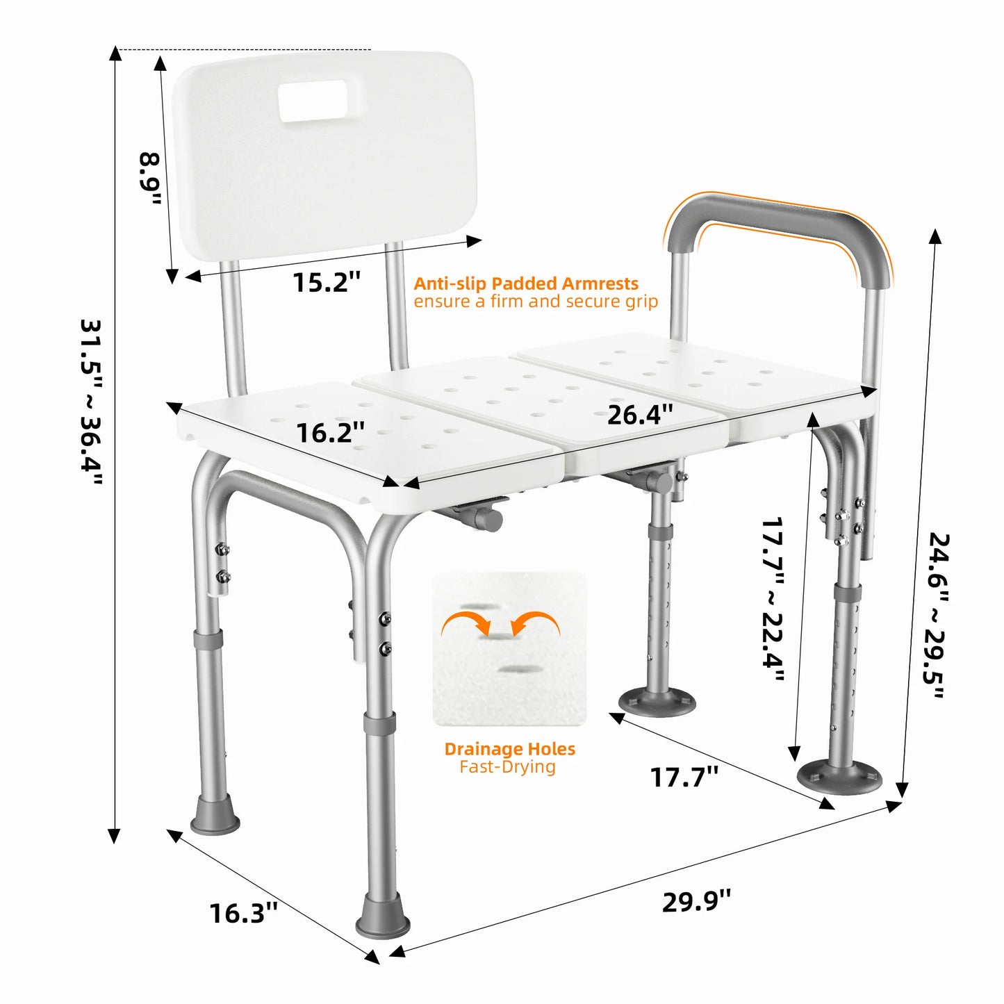 Shower Transfer Bench for Bathtub 500Lbs, FSA/HSA Eligible Tub Bath Shower Chair Seat, Height Adjustable Shower Stool for Elderly, Disabled, White