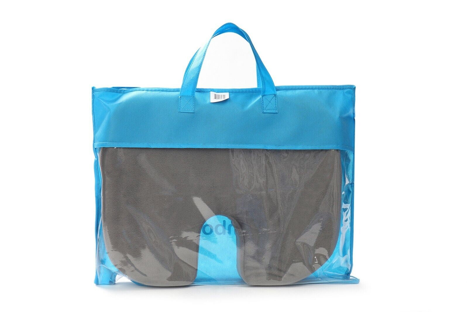 Blue transparent bag with a gray item inside on a white background

