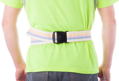 Person wearing a green shirt with a colorful belt on a white background

