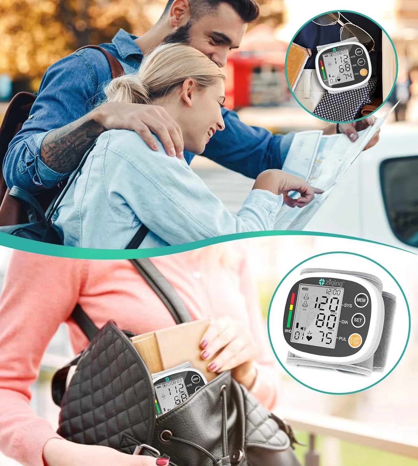 Couple using a blood pressure monitor with close-up insets of the device.

