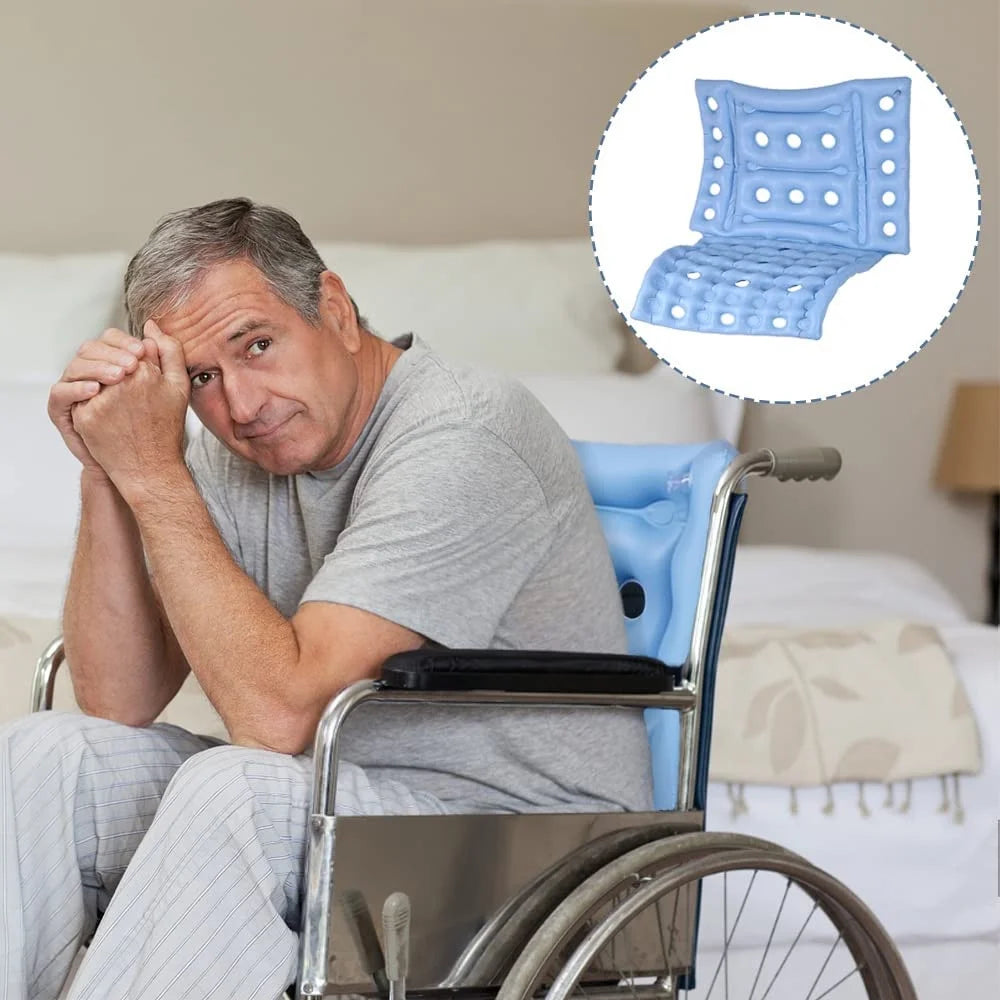 Man in a wheelchair with a blue cushion inset showing its texture

