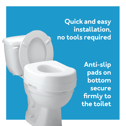 Carex Raised Toilet Seat installed on standard toilet. Designed for mobility support and easy sit-to-stand.