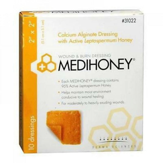 Box of Medihoney wound and burn dressing with honey on a white background