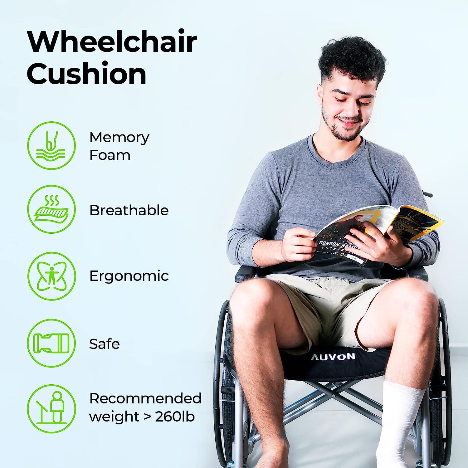 Person using a wheelchair with a cushion, reading a book, on a light gray background with text about the cushion's features.

