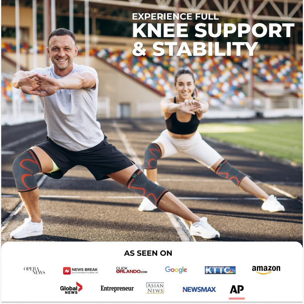 Two people wearing knee support on a track with text about knee support and stability.

