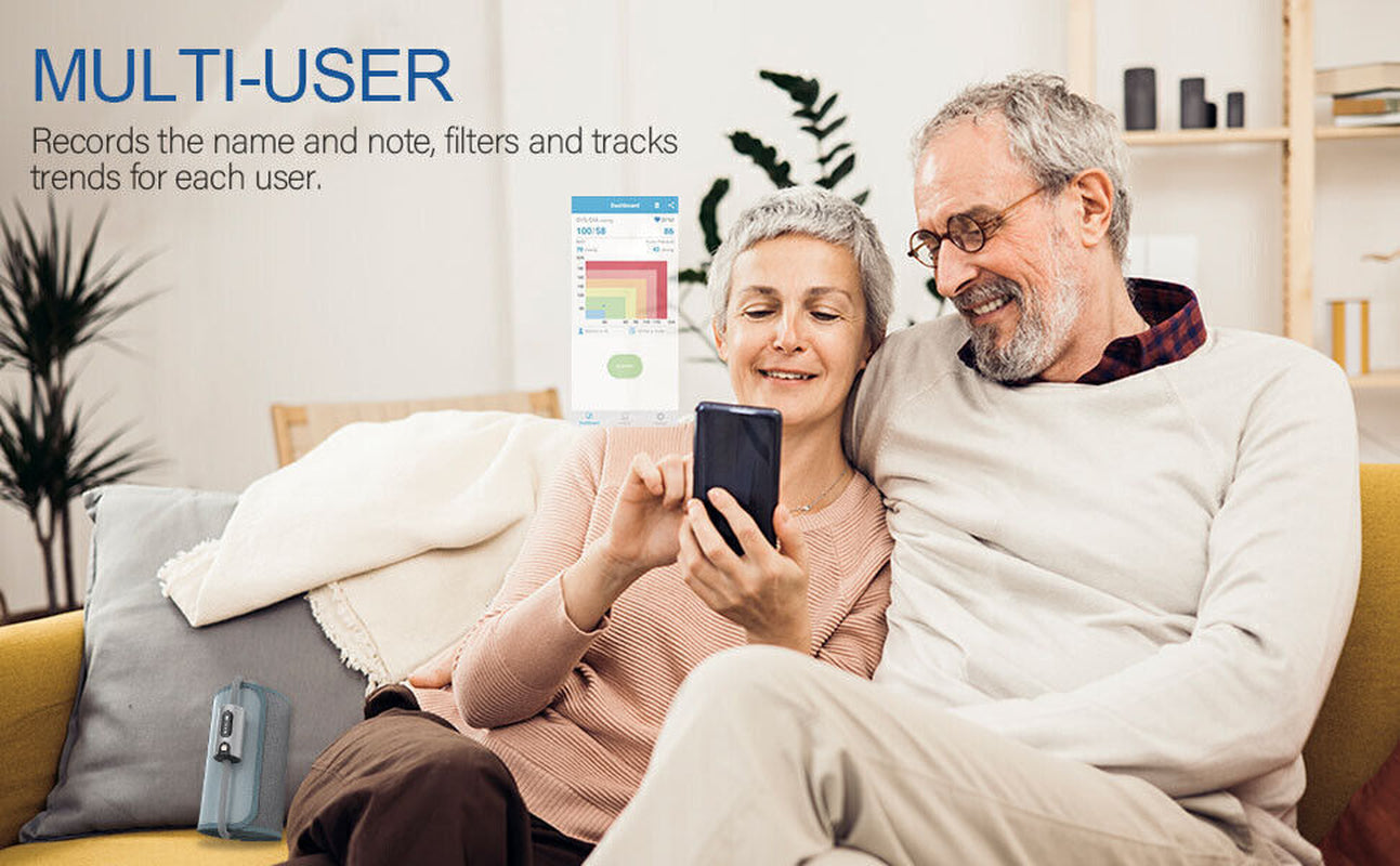 Couple sitting on a couch using a smartphone with text about multi-user recording and tracking.

