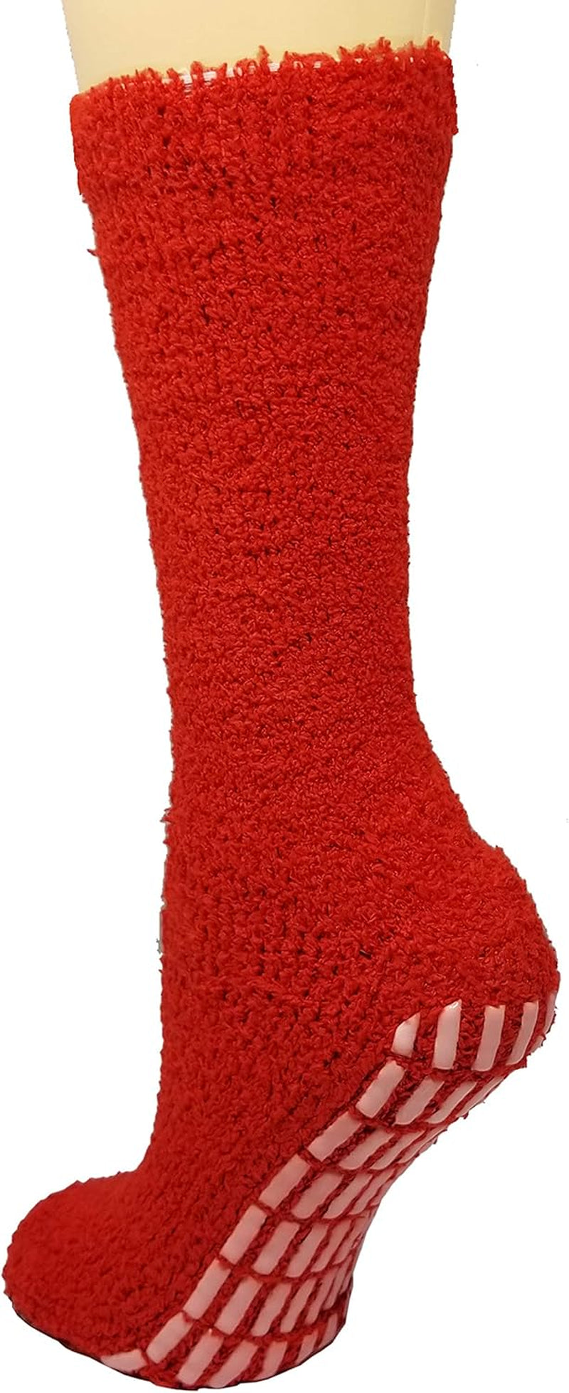 Red textured sock with a non-slip sole on a white background