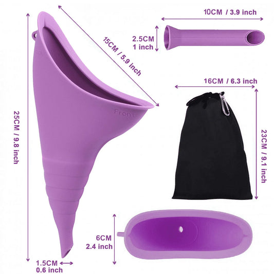 Purple silicone product with dimensions and a black carrying bag on a white background

