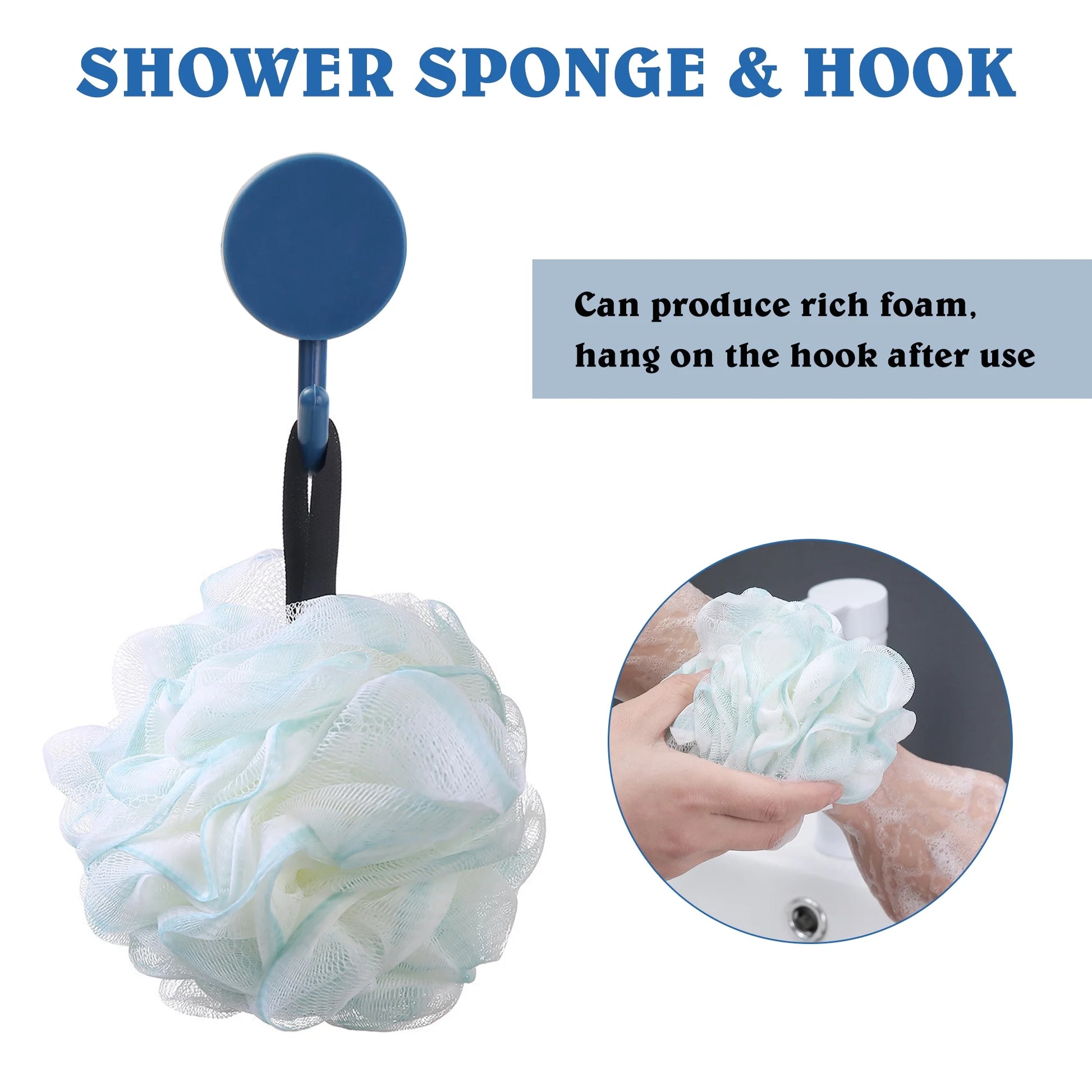 Shower sponge with hook and text on a white background


