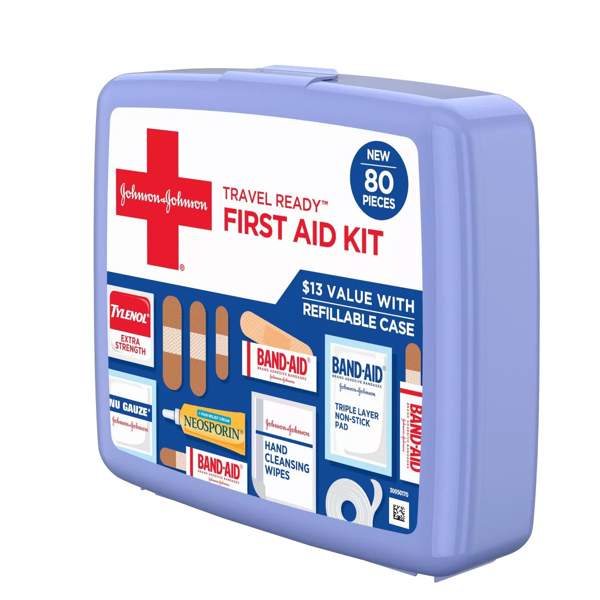 Johnson & Johnson travel ready first aid kit with various medical items on a white background

