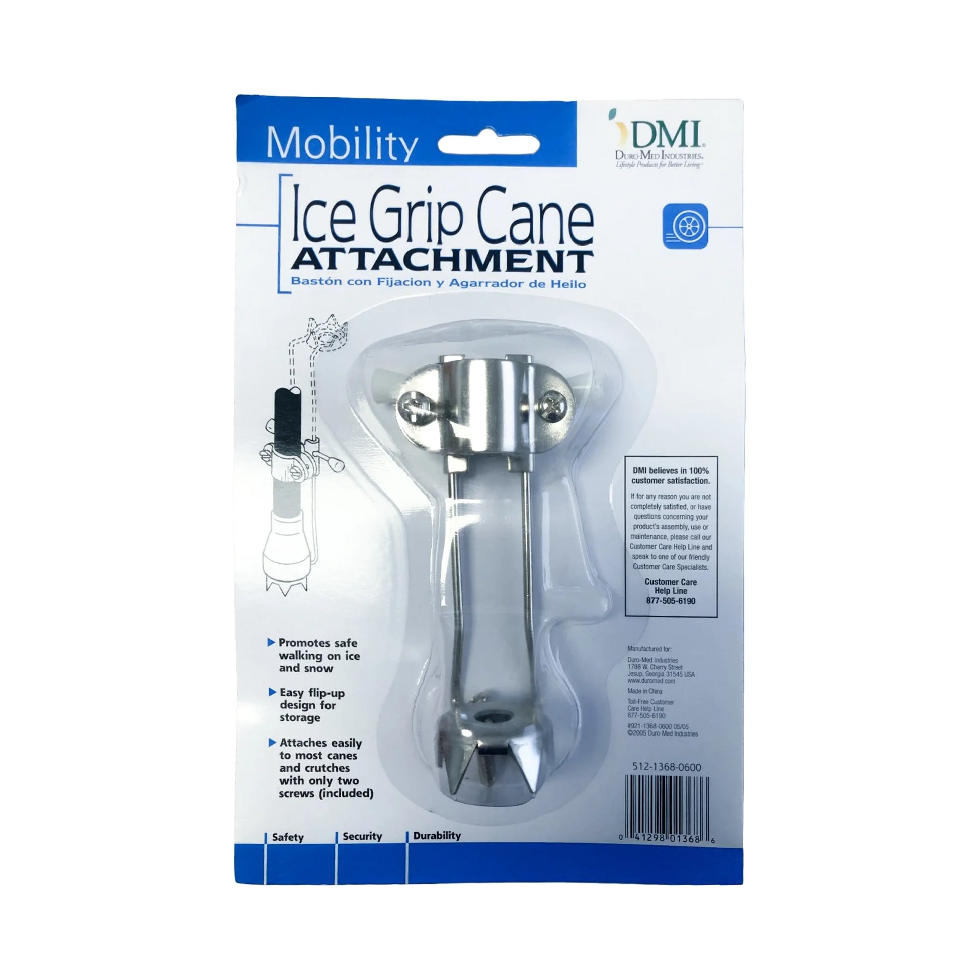 Packaging of a Mobility Ice Grip Cane Attachment with DMI branding on a white background.