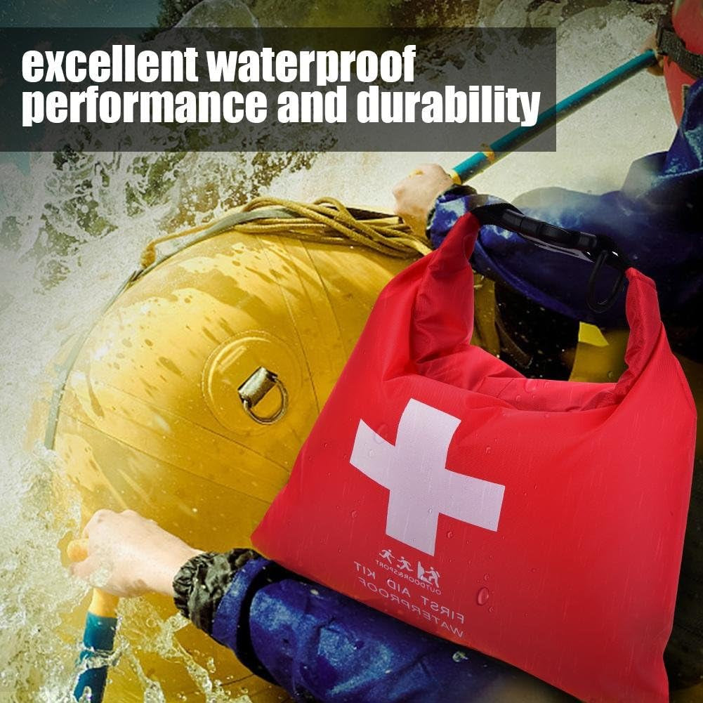 Person rafting with a red first aid kit dry bag labeled 'Excellent waterproof performance and durability'.

