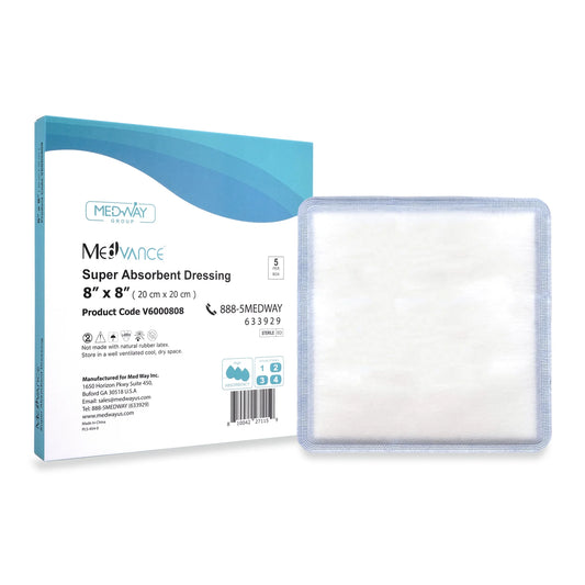 Med-Away super absorbent dressing packaging on a white background


