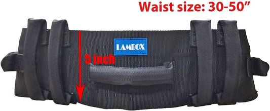 Black waist belt with a blue label indicating size and features, on a white background.