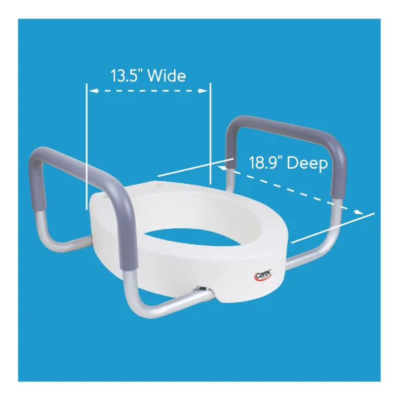 Carex toilet seat packaging with product features including 3.5-inch lift, padded handles, and 250 lb weight capacity.