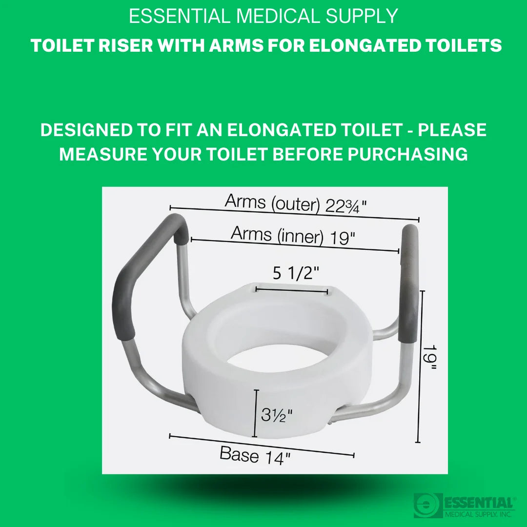 Essential Medical Supply packaging for raised toilet seat with armrests. Features product specs and safety benefits.