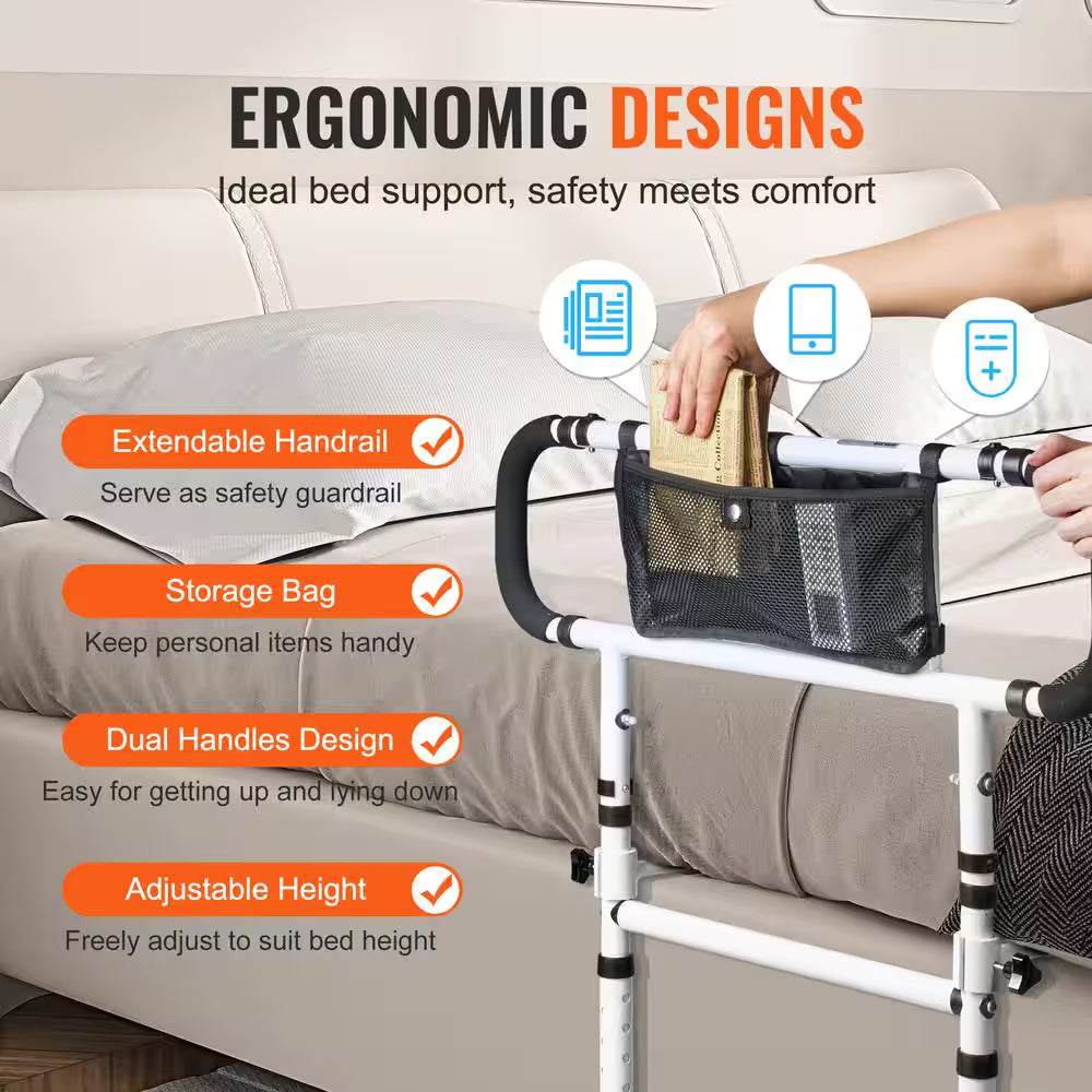Bedside rail with ergonomic features and storage bag on a bed

