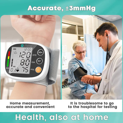 Blood pressure monitor with text highlighting accuracy and convenience for home use.


