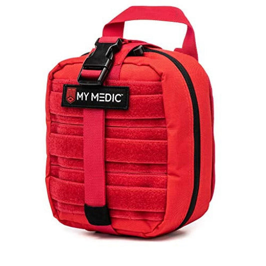 Red emergency kit bag with 'MyMedic' logo on a white background

