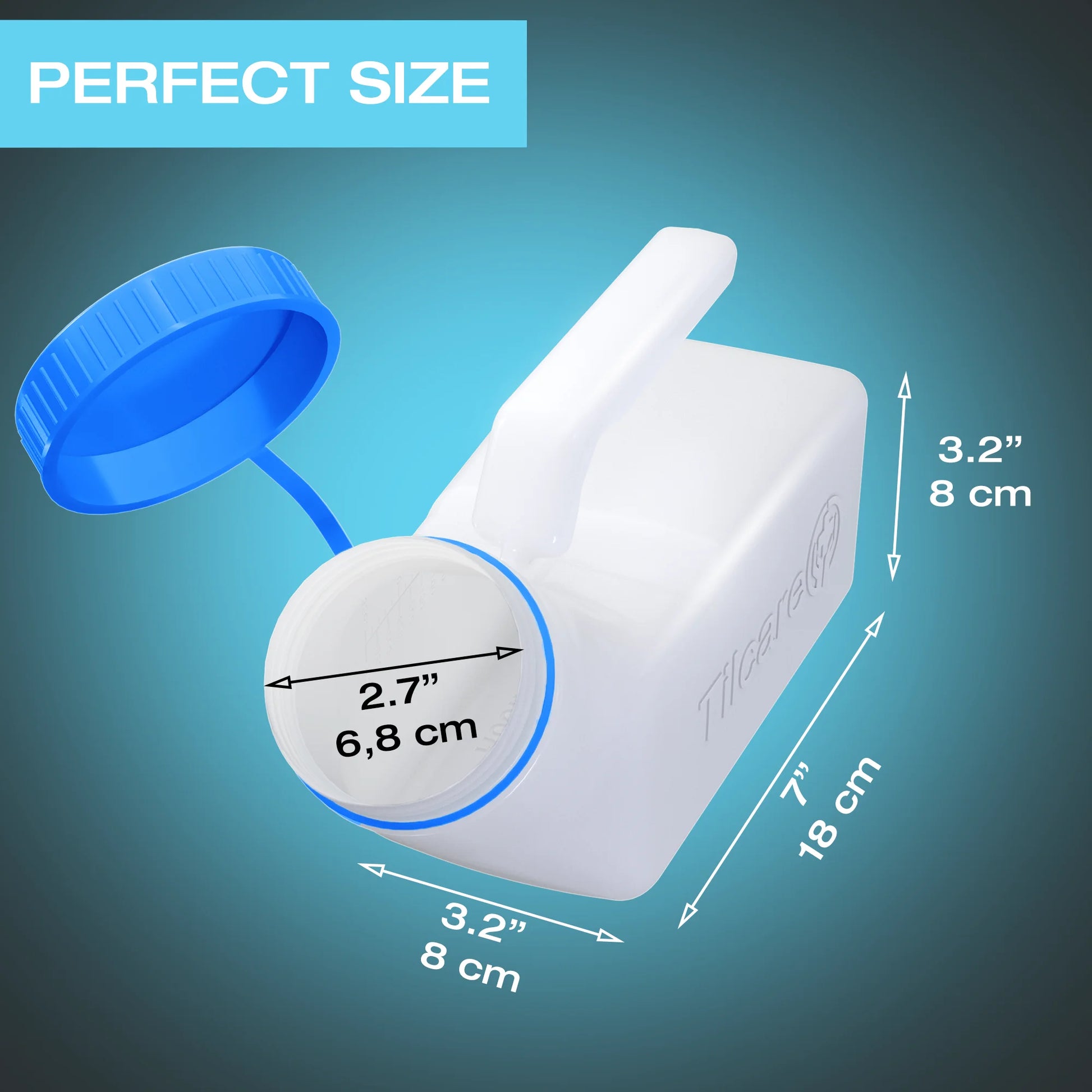 Measurement chart showing dimensions of a blue cap and white container with text 'Perfect Size' on a teal background.

