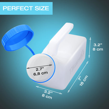 Measurement chart showing dimensions of a blue cap and white container with text 'Perfect Size' on a teal background.

