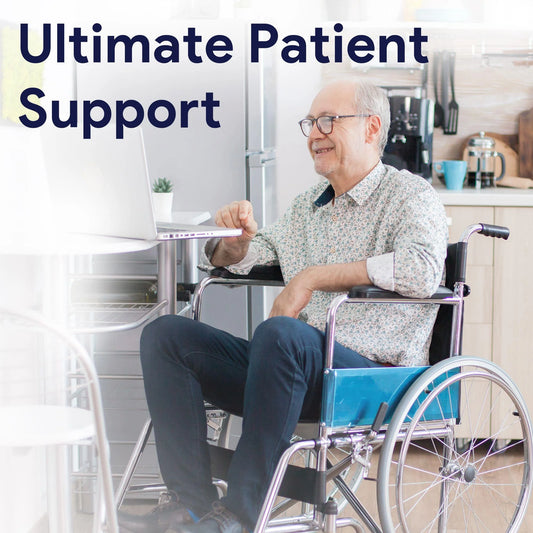 Man in a wheelchair using a laptop with 'Ultimate Patient Support' text overlay.

