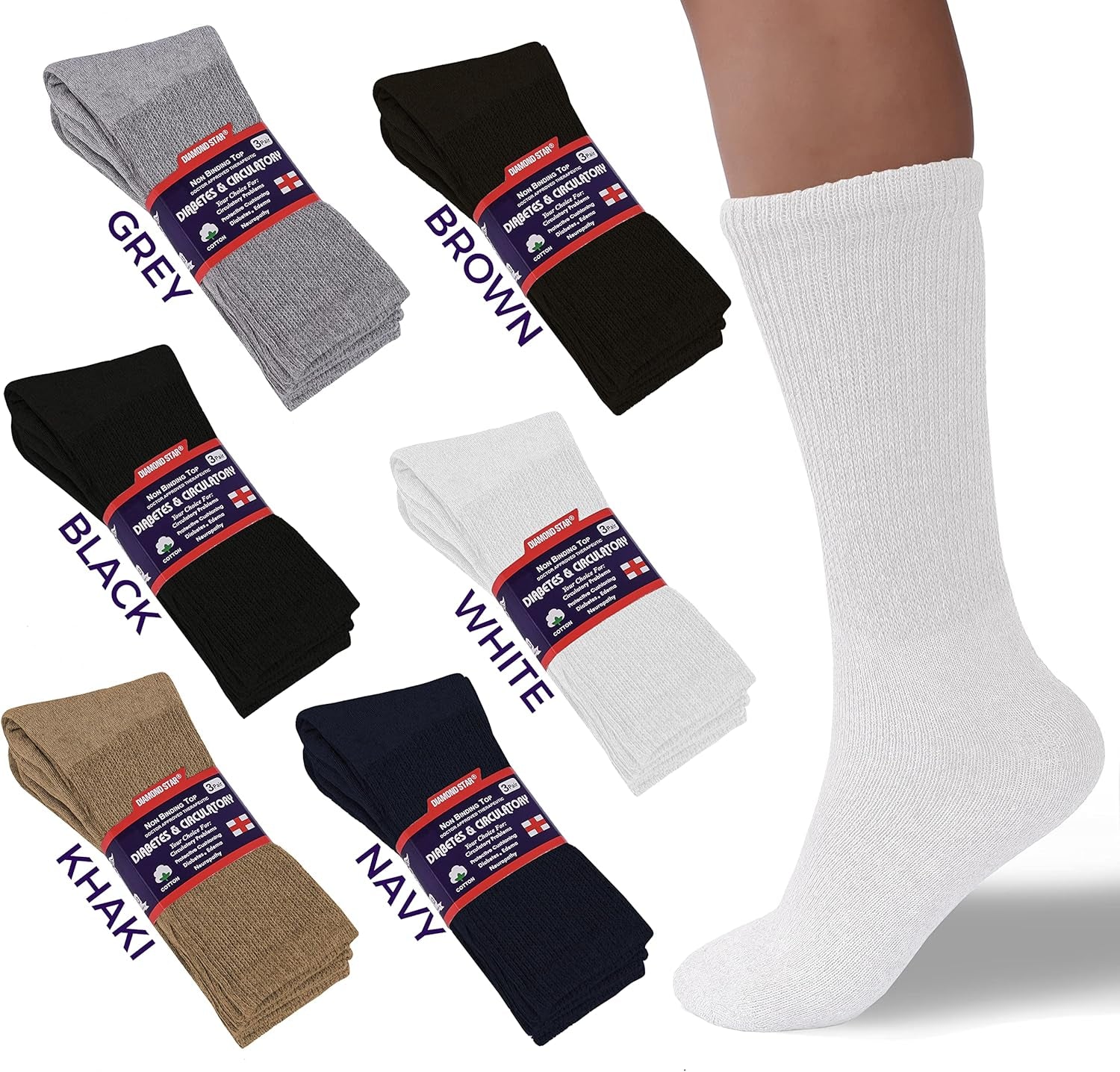 Collection of different colored socks with packaging labels on a white background.