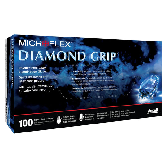 Box of Microflex Diamond Grip gloves with a blue and black design.