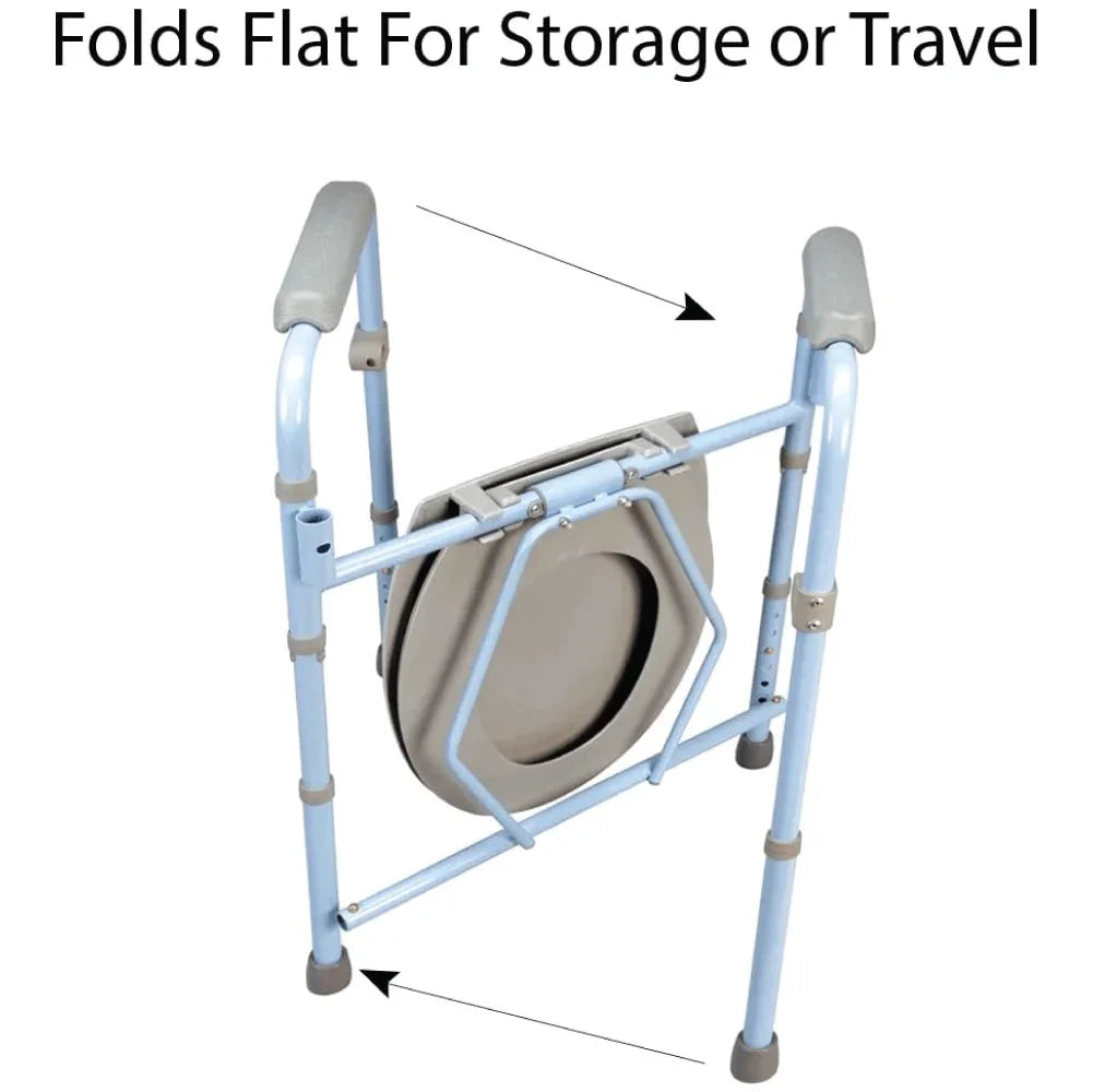 Top-down view of Carex Commode highlighting seat opening, splash guard, and removable bucket placement.