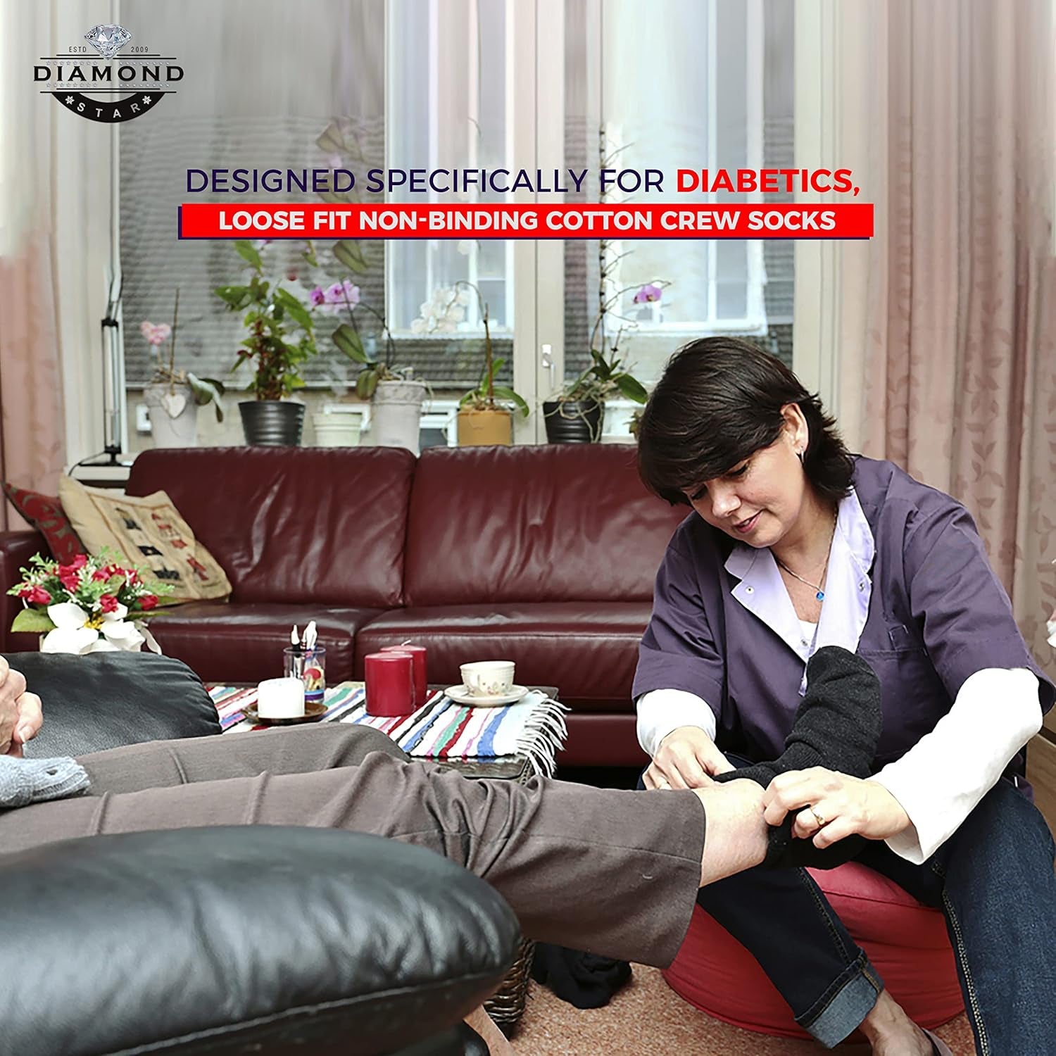 Woman applying socks to a person's foot in a living room setting with 'Diamond' branding.