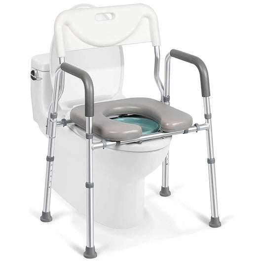 BESTSLE raised toilet seat with padded backrest and armrests. Doubles as a shower chair and supports up to 330 lbs for safe bathroom use.