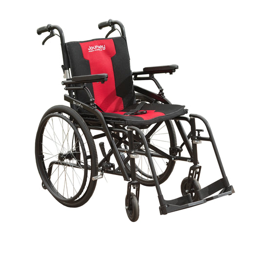 Wheelchair with red and black seat on a white background