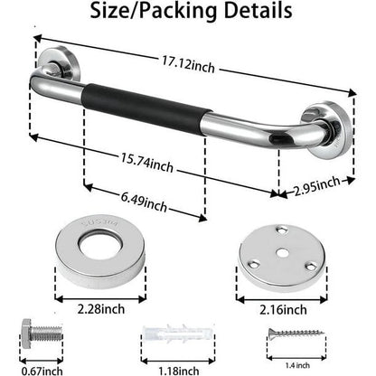 Measurement chart of a grab bar with dimensions and accessories on a white background

