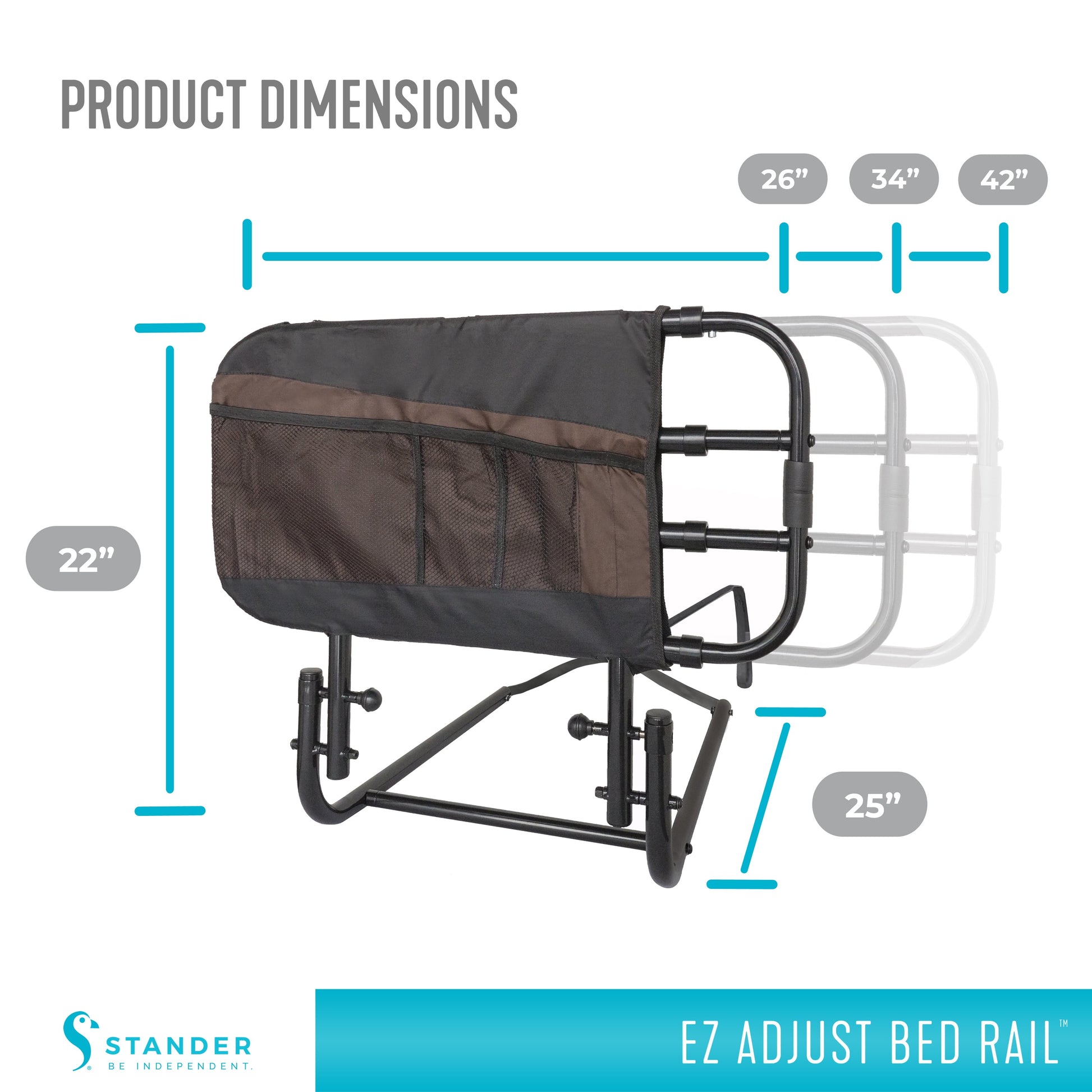 EZ Adjust Bed Rail with dimensions labeled on a white background


