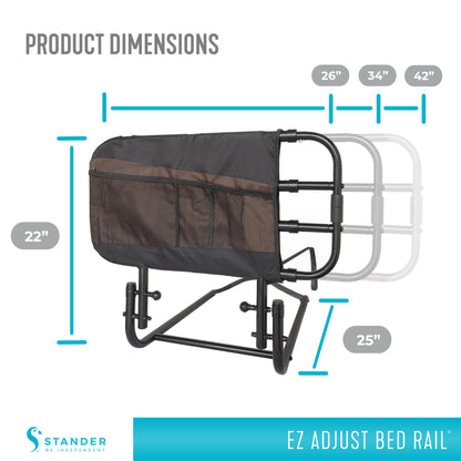 EZ Adjust Bed Rail with dimensions labeled on a white background

