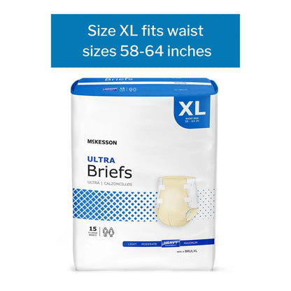 Package of McKesson Ultra Briefs with size XL label on a white background
