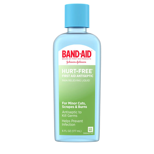 Bottle of Band-Aid Hurt-Free first aid antiseptic on a white background


