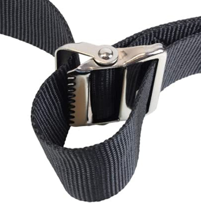 Black strap with a silver buckle on a white background

