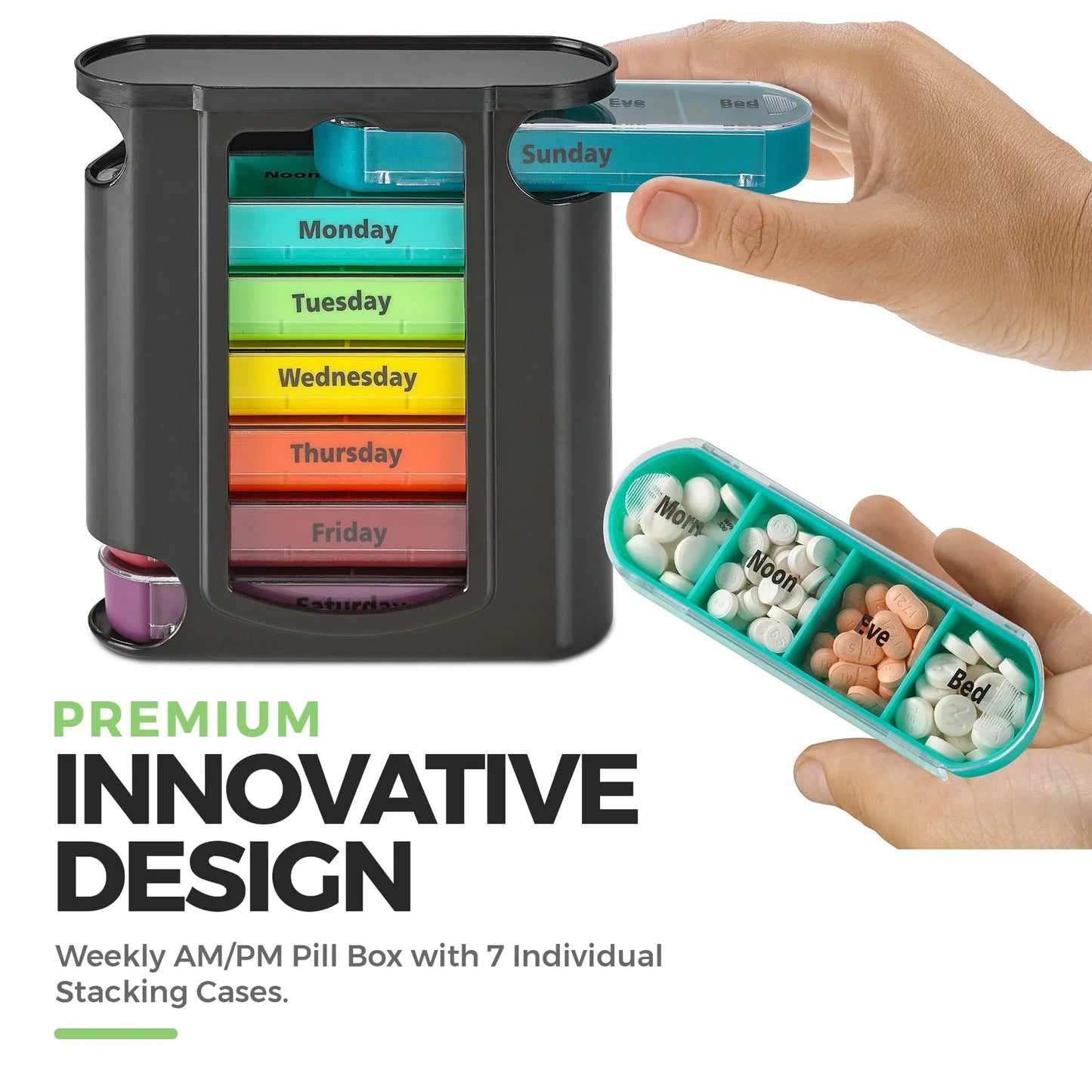 Weekly pill box with colorful days of the week labels and a hand holding a small pill container.

