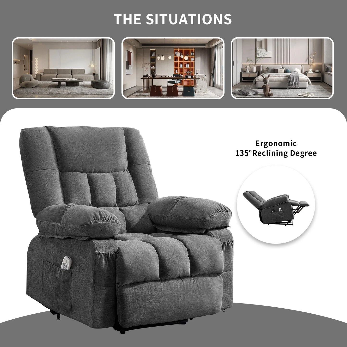 Gray recliner chair with ergonomic features on a white background