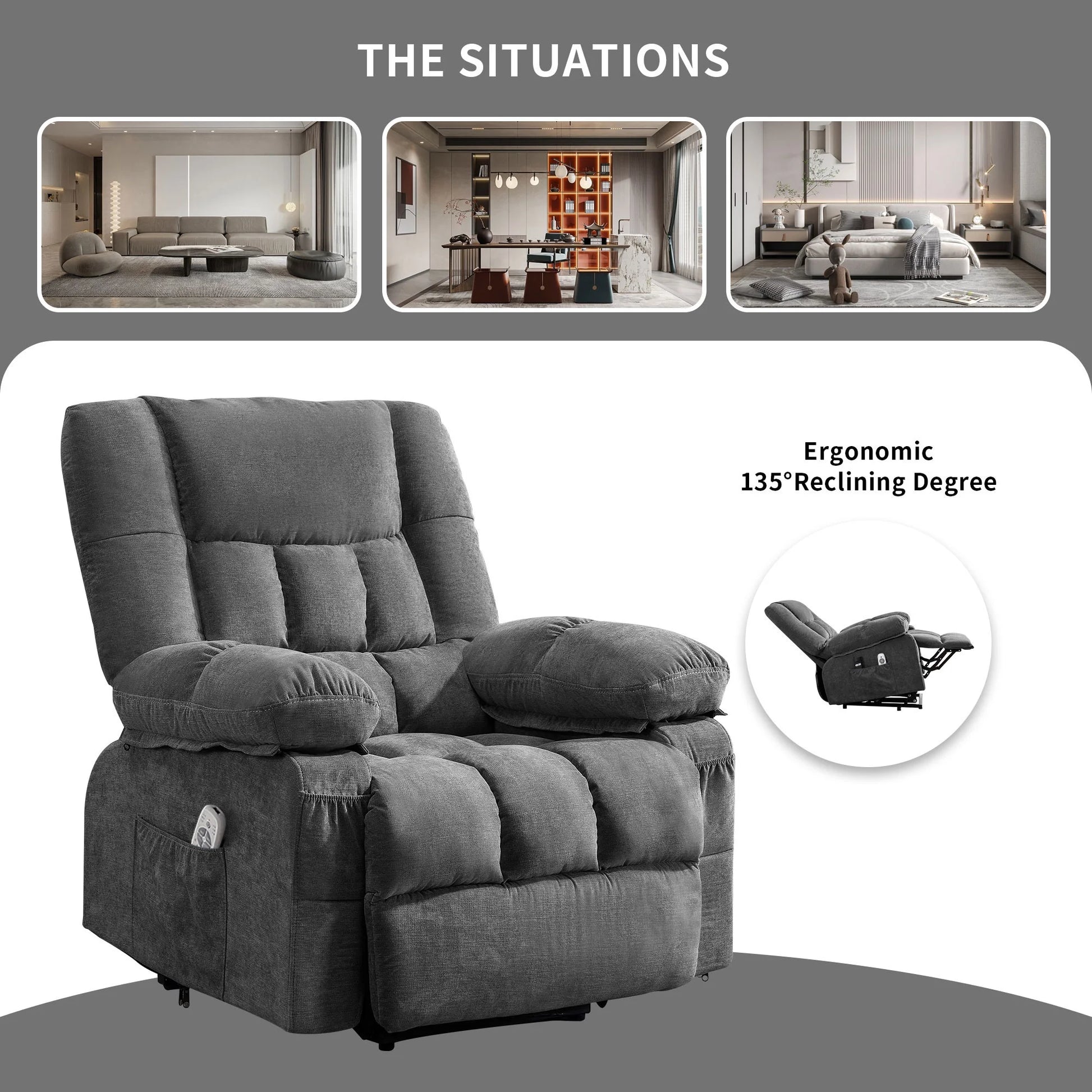 Gray recliner chair with ergonomic features on a white background