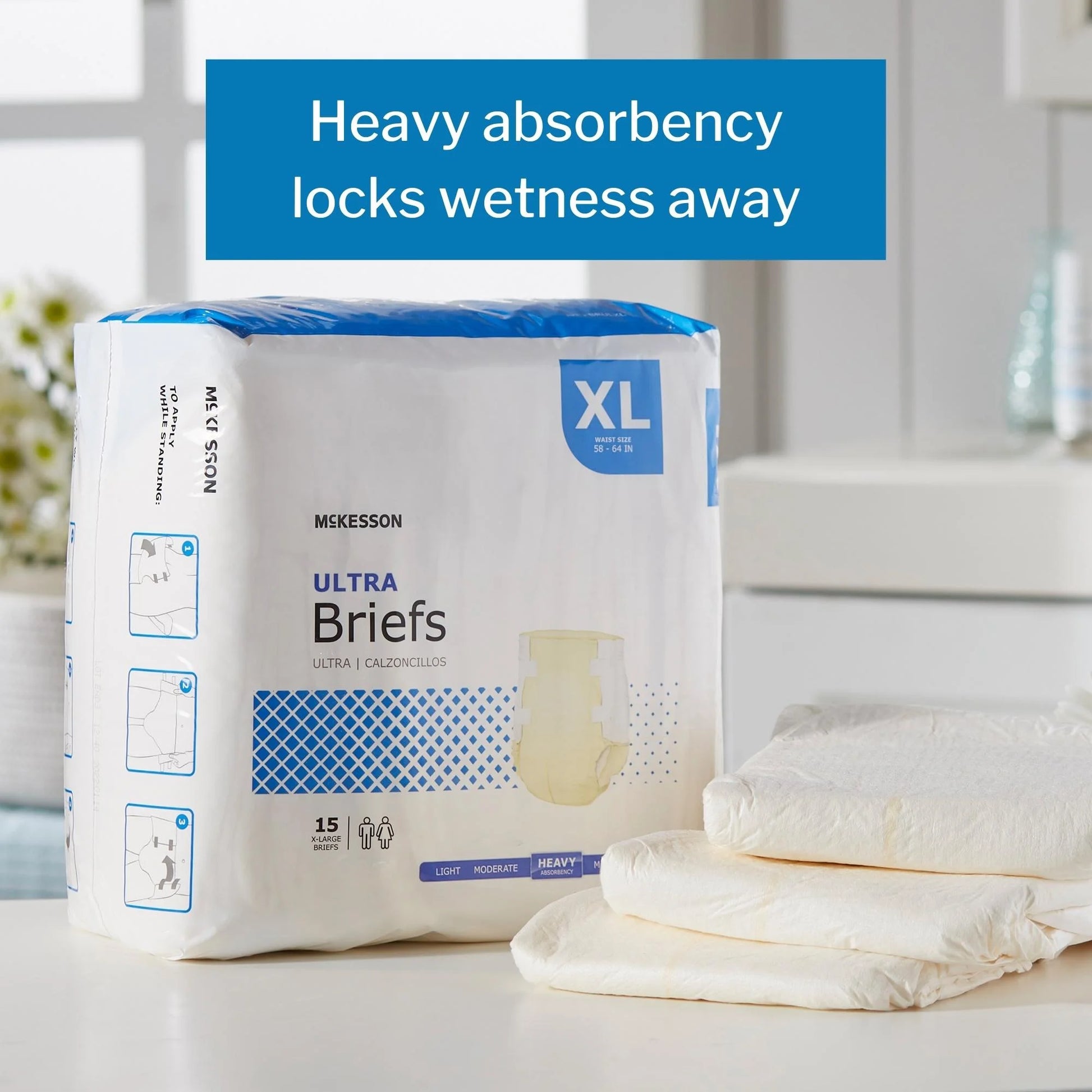 Package of McKesson Ultra Briefs with text about heavy absorbency on a neutral background