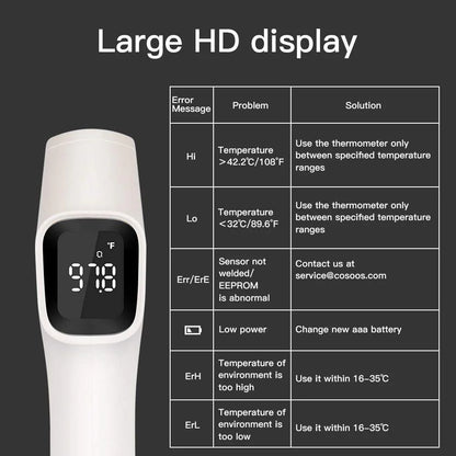 Infrared thermometer with digital display and error message chart on a black background